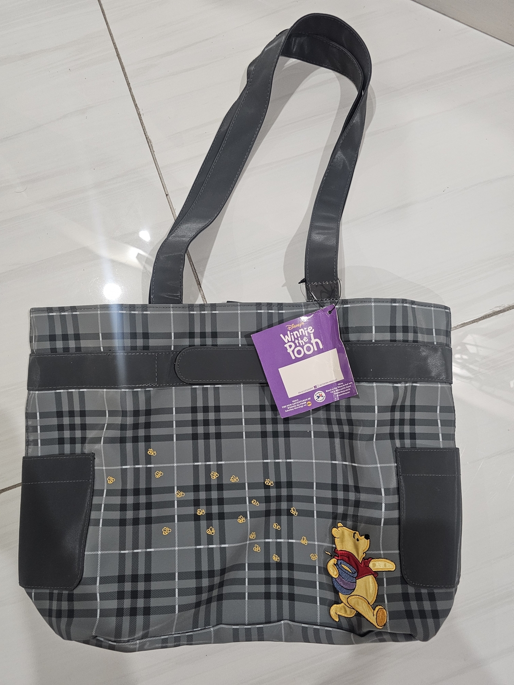 Disney Winnie the Pooh Gray Plaid Tote Bag with Black Trim and Yellow Accent